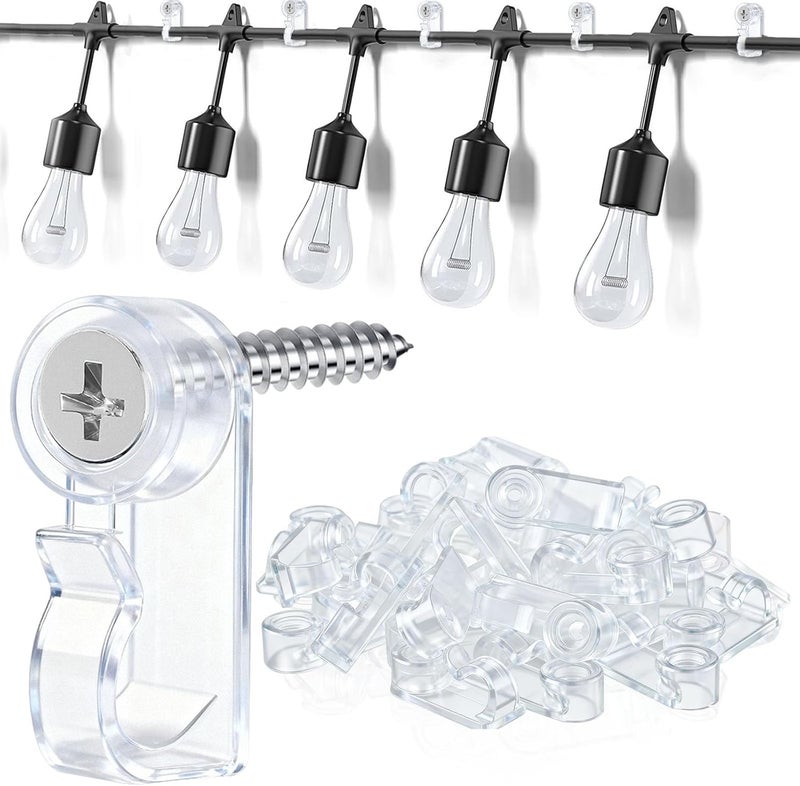Dapute 50 Pack Hooks for Outdoor String Lights, Christmas Light Clips bulk with Screw, Weatherproof Light Hanger Hooks for Hanging Christmas Lights,Wall Cable,Fairy Lights on Fence Patio Gutter (Clear) - Image 1